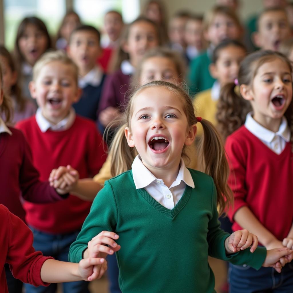 Children singing joyfully in school uniforms.