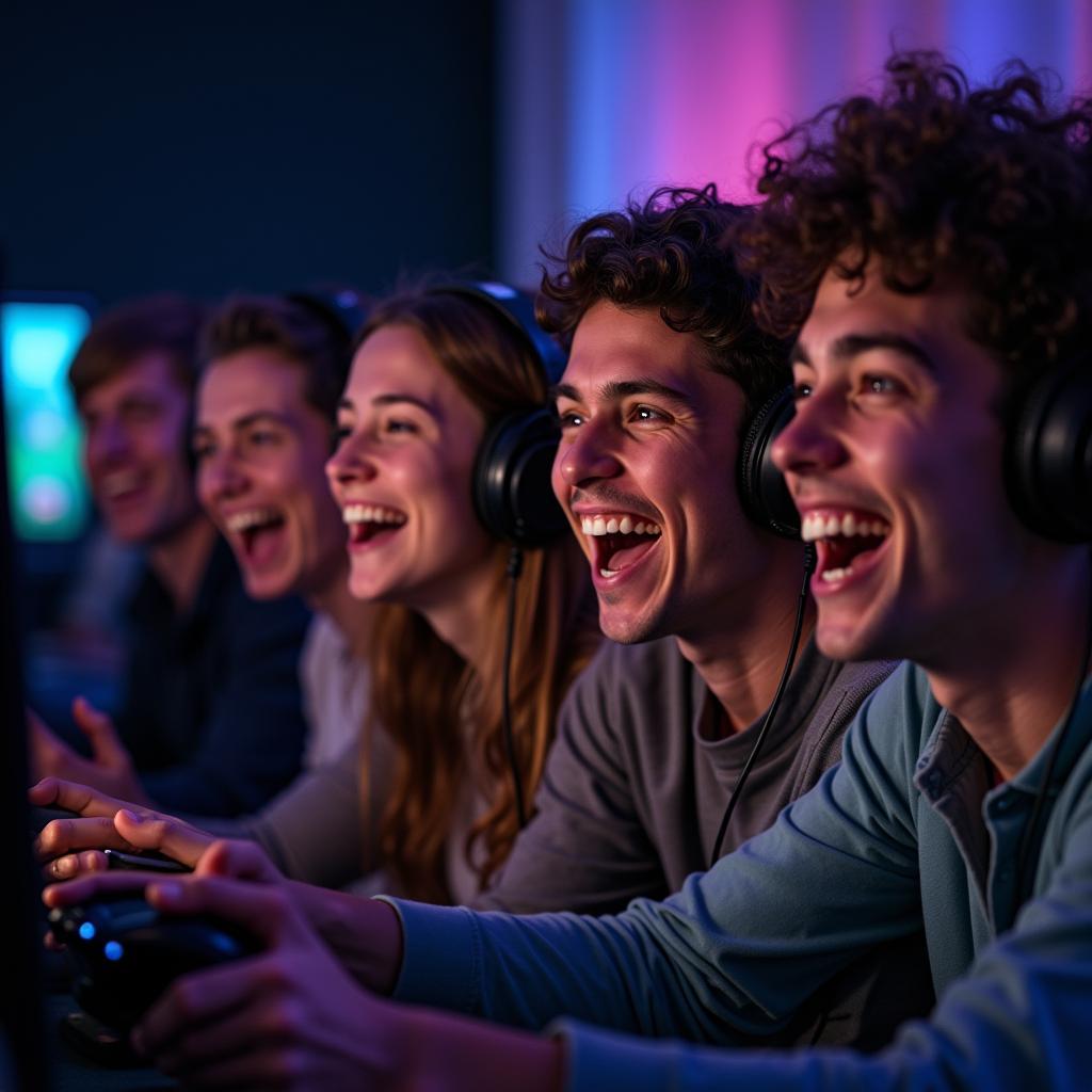 Friends gather around playing video games together.