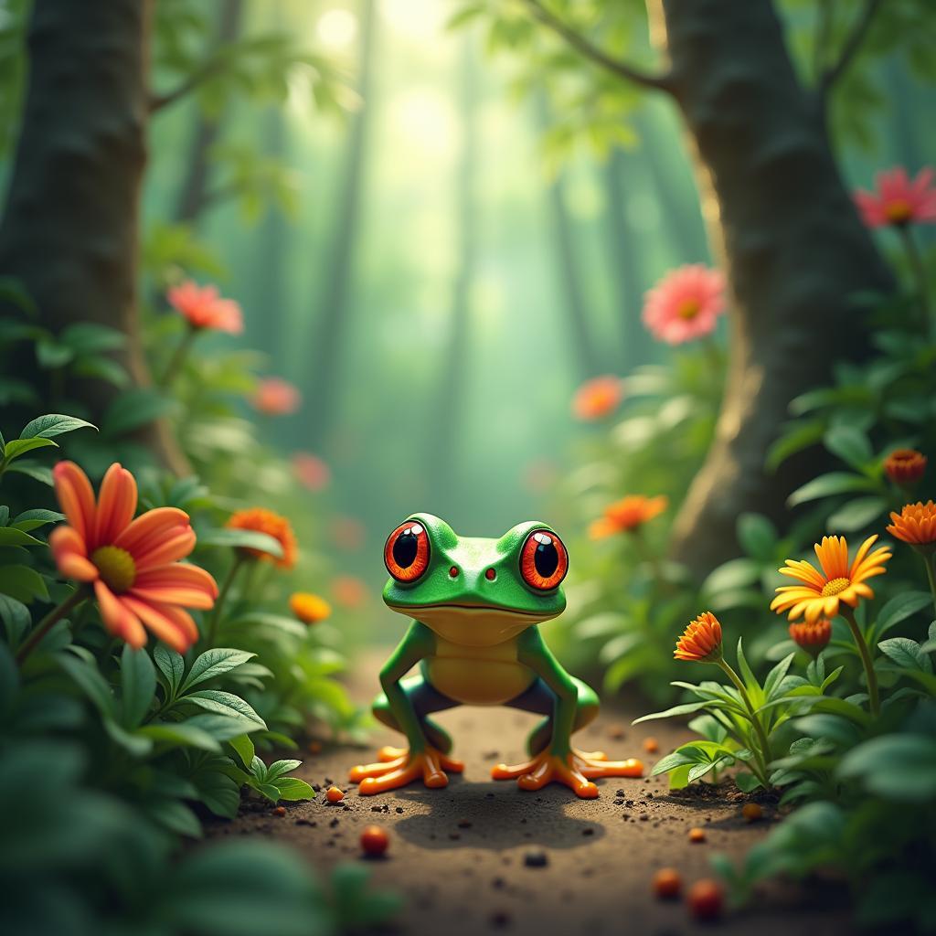 A small frog bravely venturing into a dense, unknown forest.