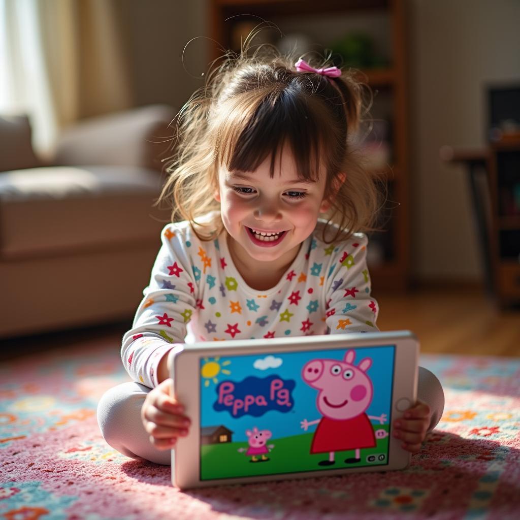 Bé gái vui vẻ chơi game heo Peppa