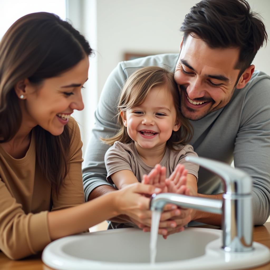 Parents teaching their child to wash hands with a song