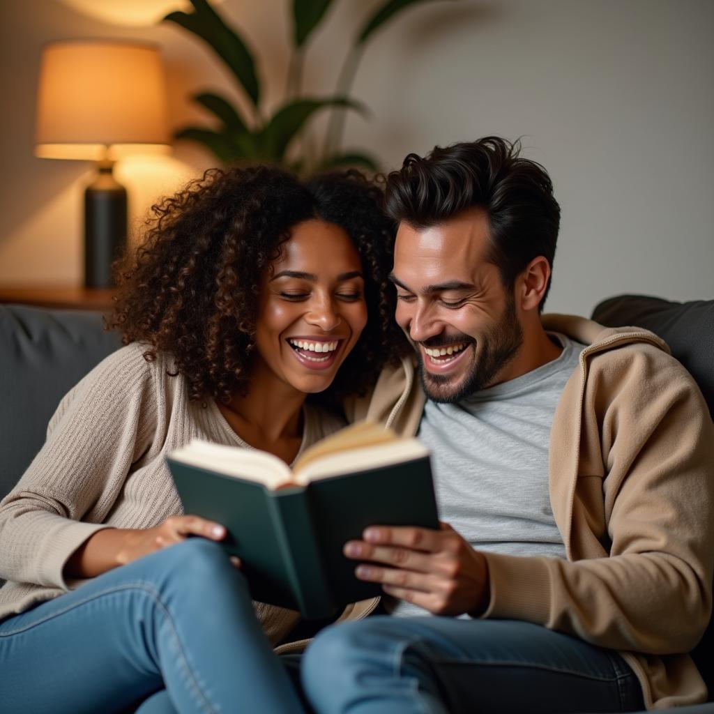 A couple laughing together while reading a book.