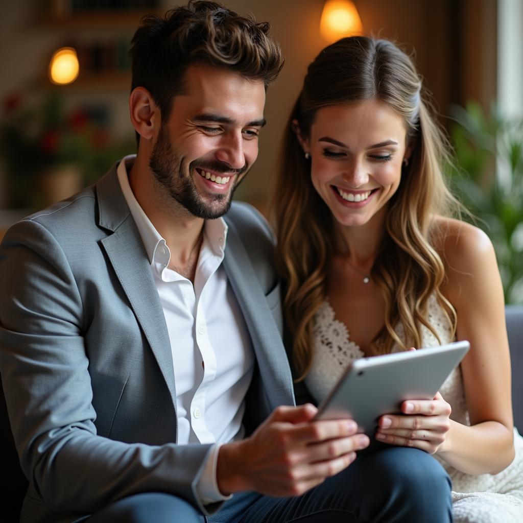 Couple choosing wedding music playlist