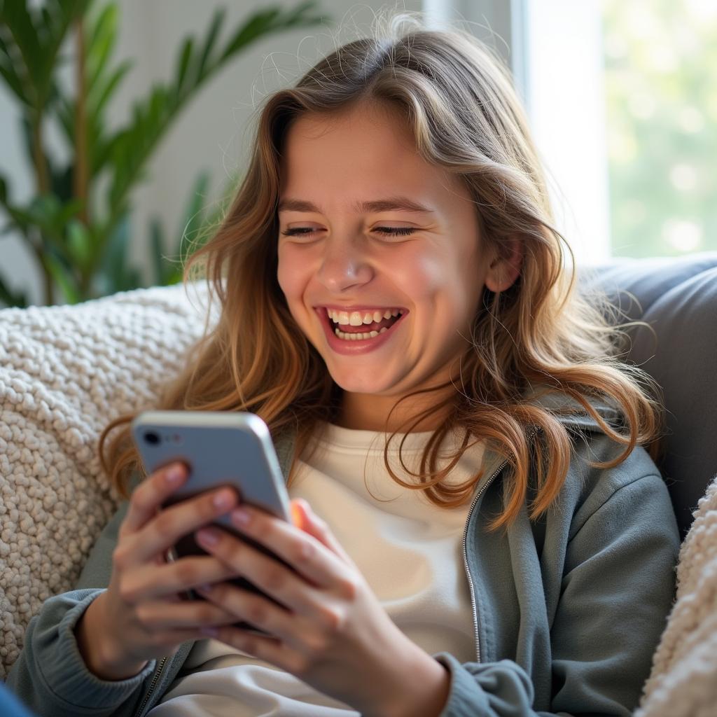 Girl reading text messages and laughing