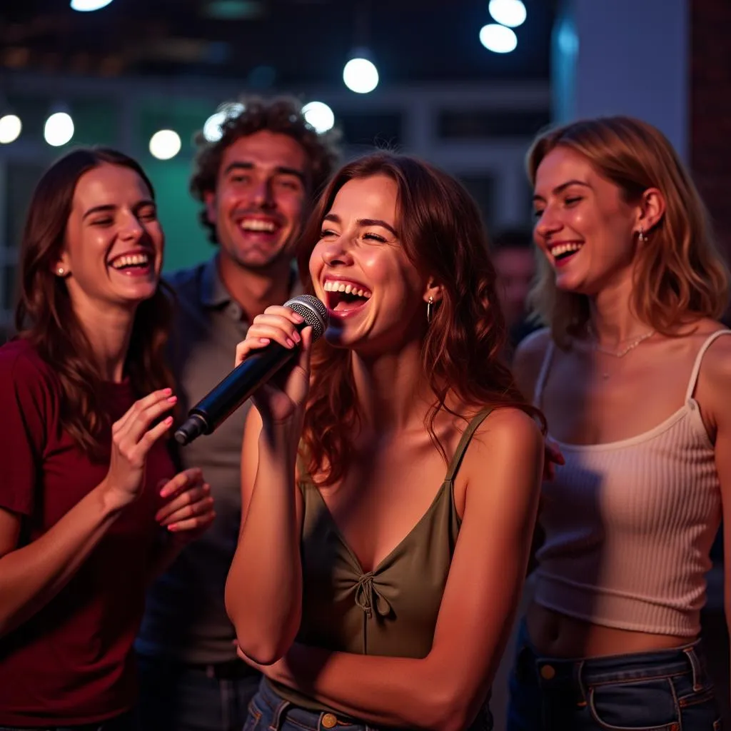 Cô gái hát karaoke vui vẻ