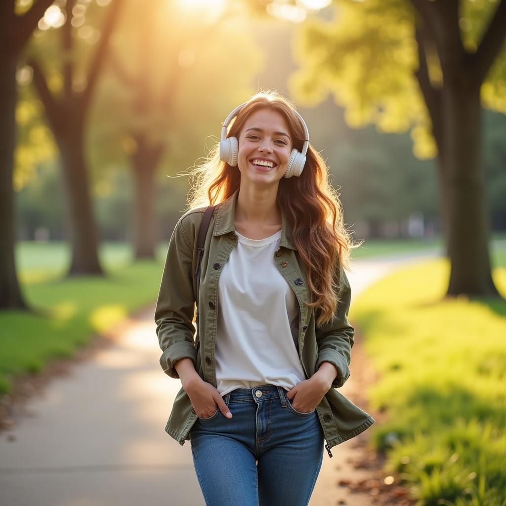 A girl listening to upbeat music while walking in the park