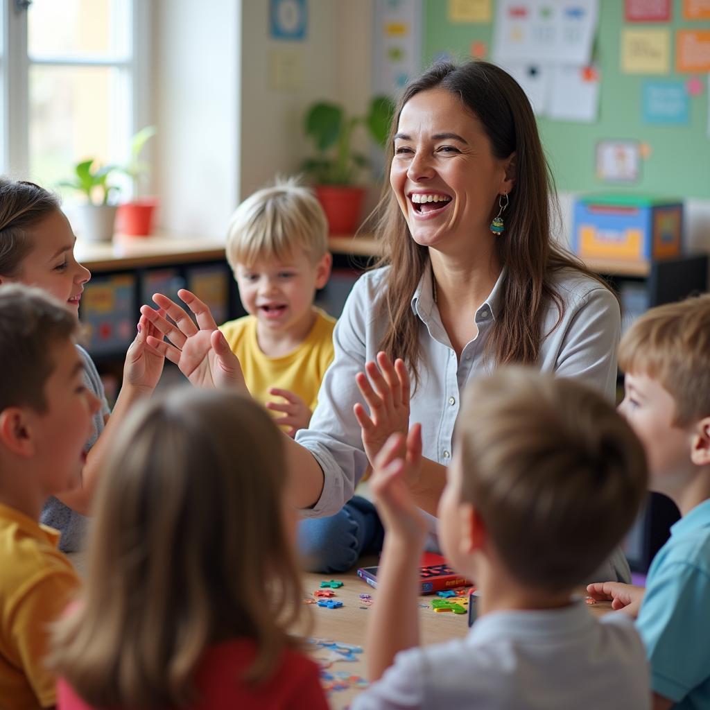 Teacher teaching children English songs