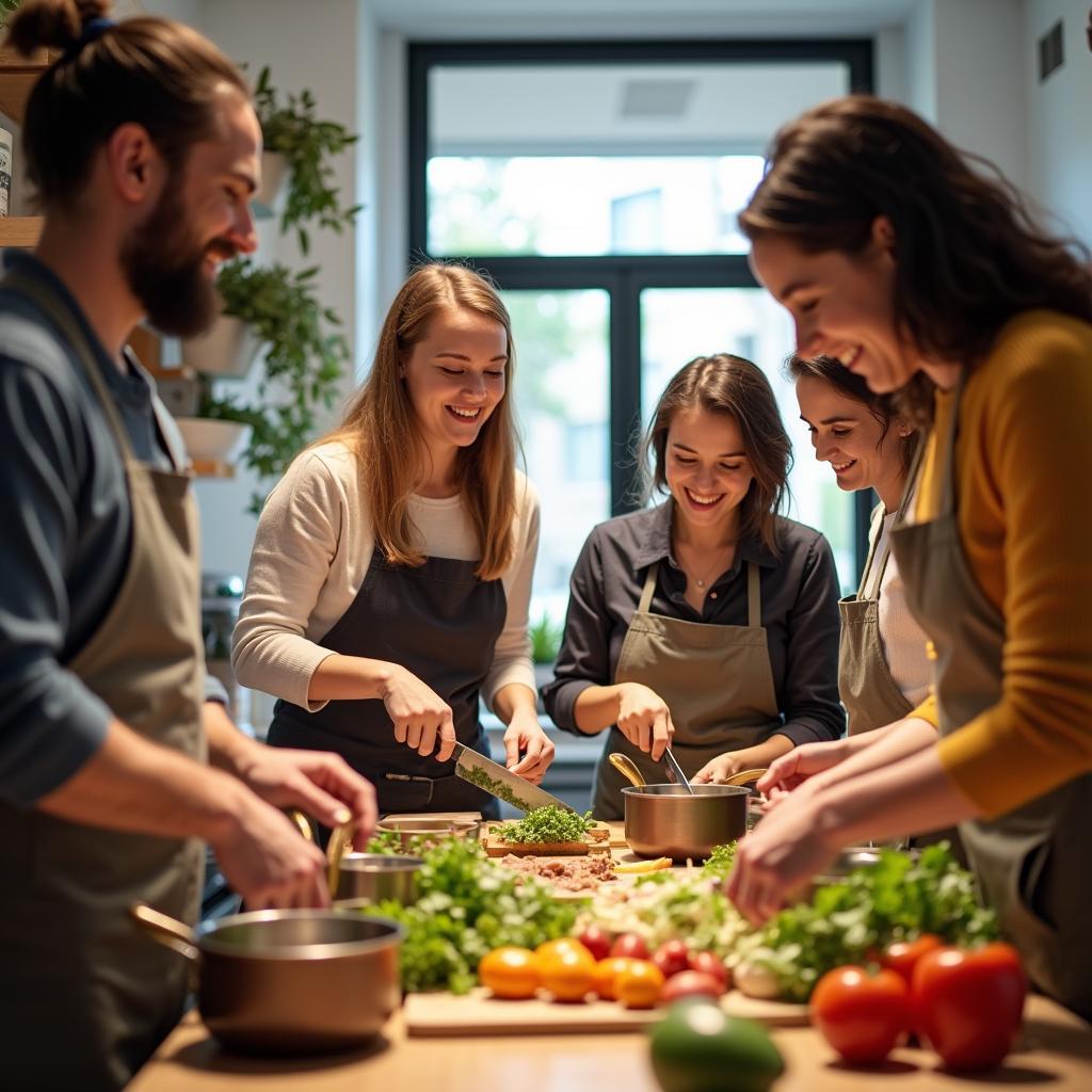 Friends cooking a meal together in the kitchen