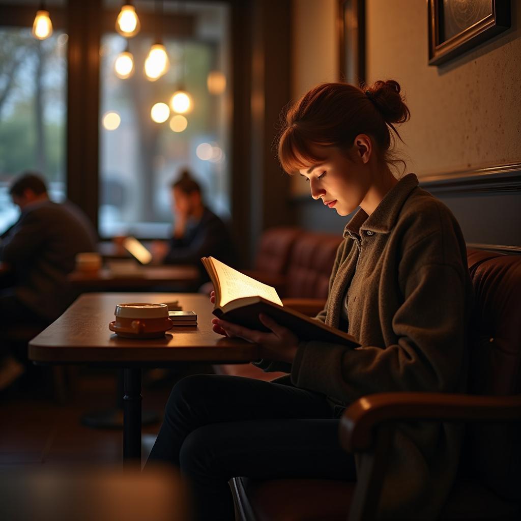 Reading a book in a cafe