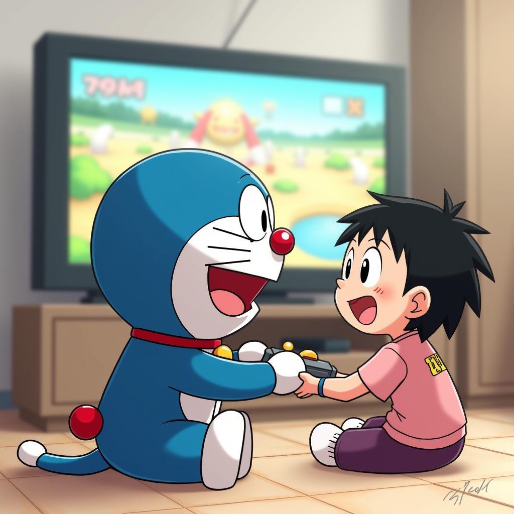 Doraemon và Nobita chơi game cùng nhau