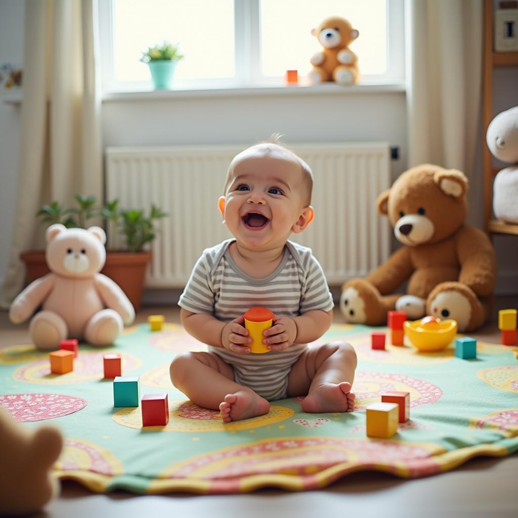 Baby laughing joyfully while playing with toys