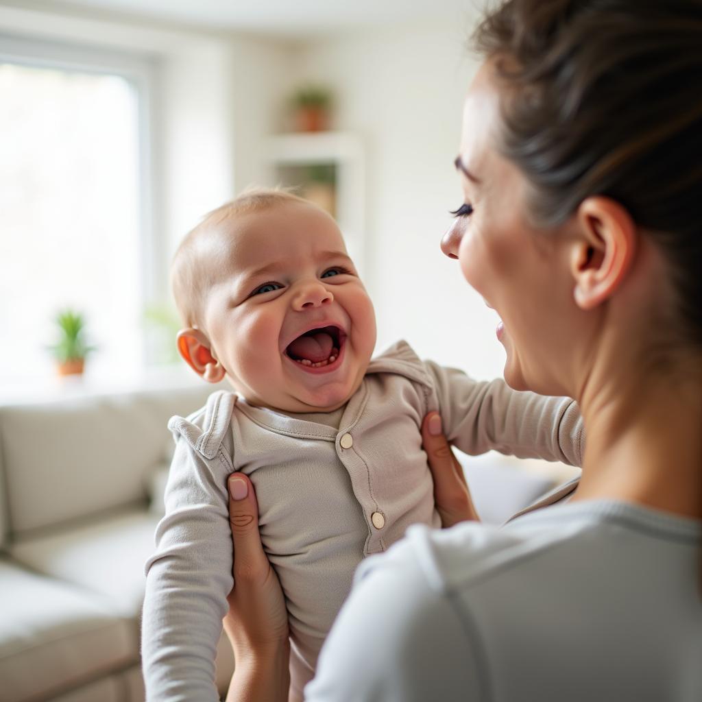 Baby laughing happily with his mother