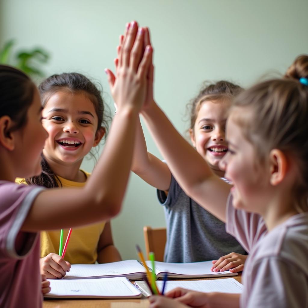 Children celebrating success after completing an English quiz