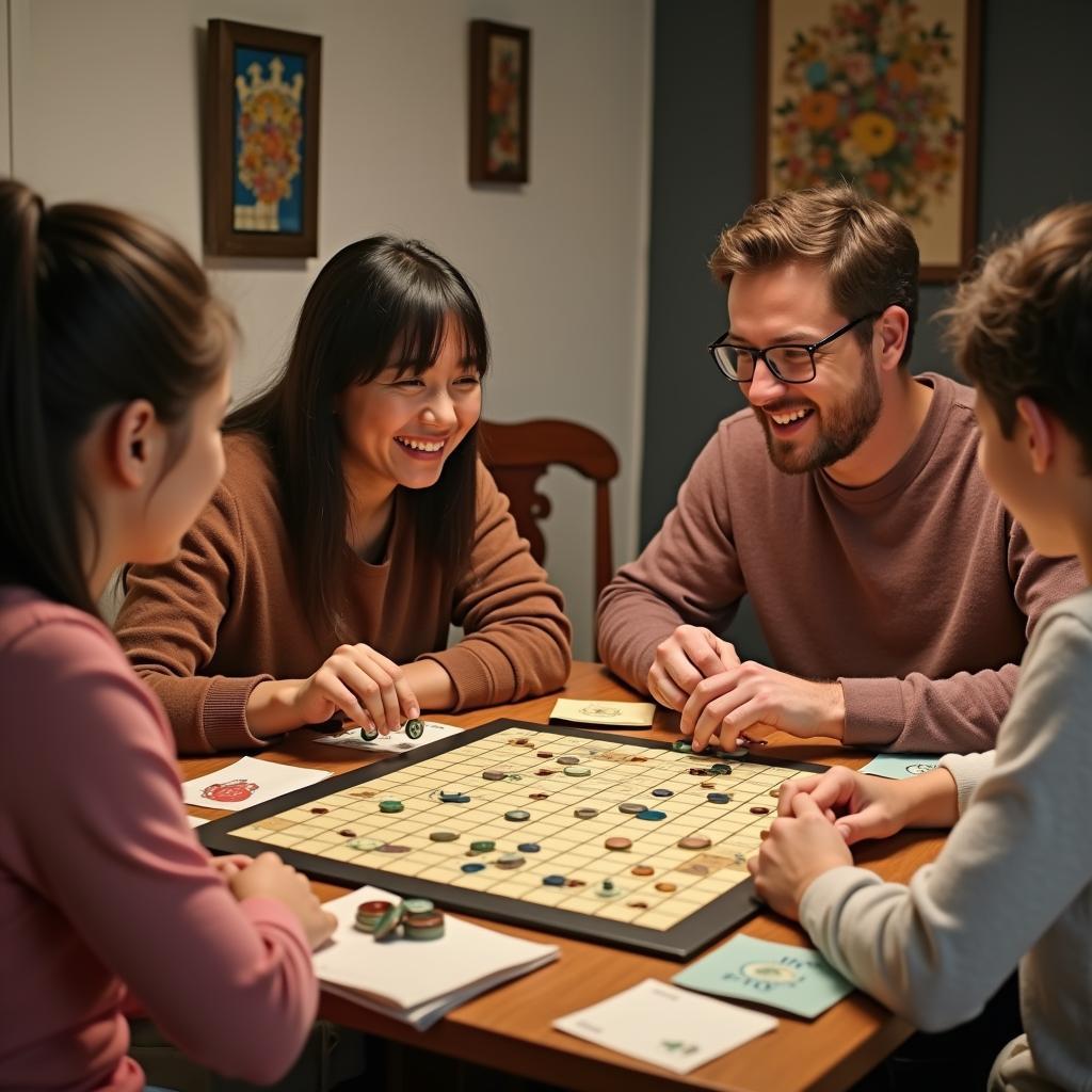 Gia đình quây quần bên bàn cờ, cùng nhau thưởng thức trò chơi board game