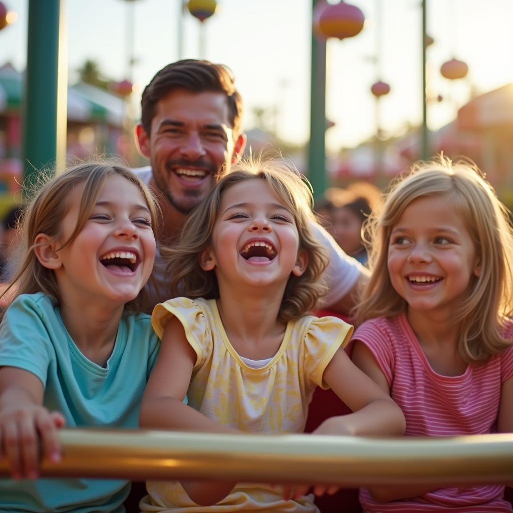 A happy family enjoying a day out at the amusement park