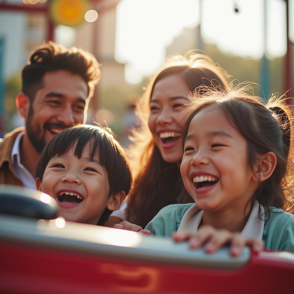 Family enjoying themselves at an amusement park in Hanoi