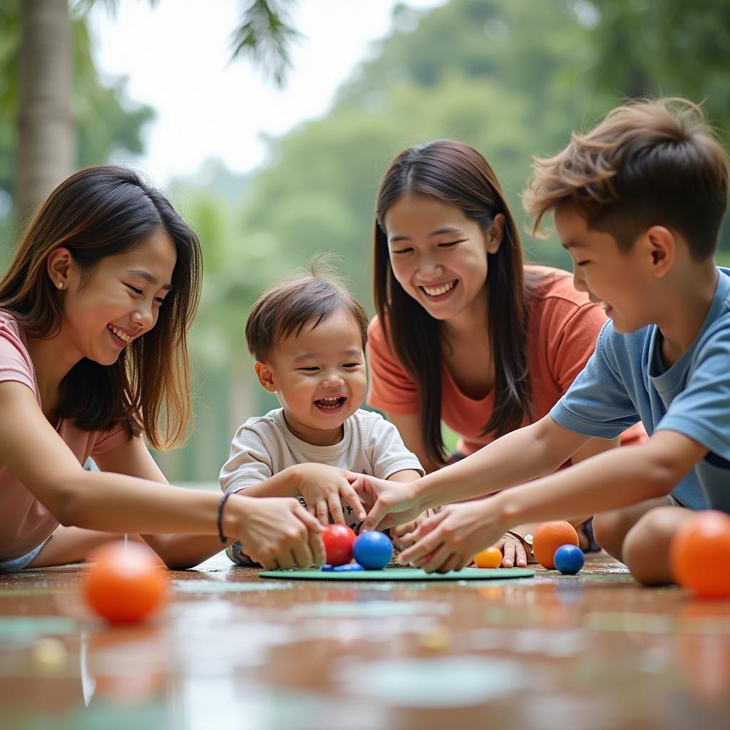 Family having fun at a kids' play area in Binh Chanh