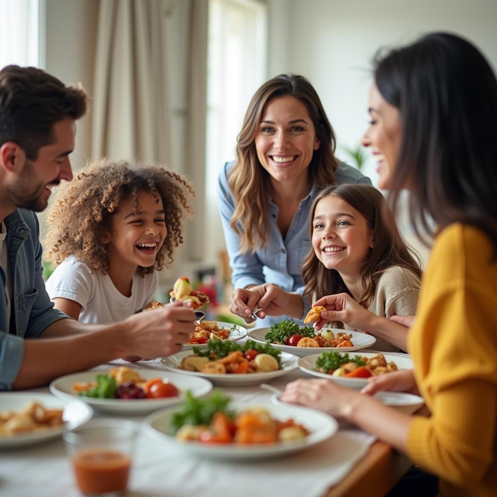 Happy Family Enjoying Meal Prepared by Housekeeper