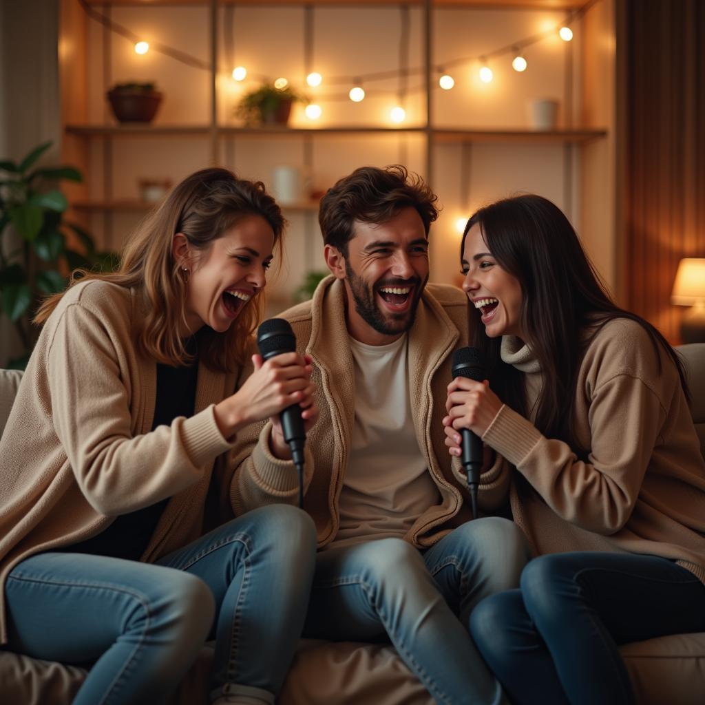 Family having fun singing karaoke