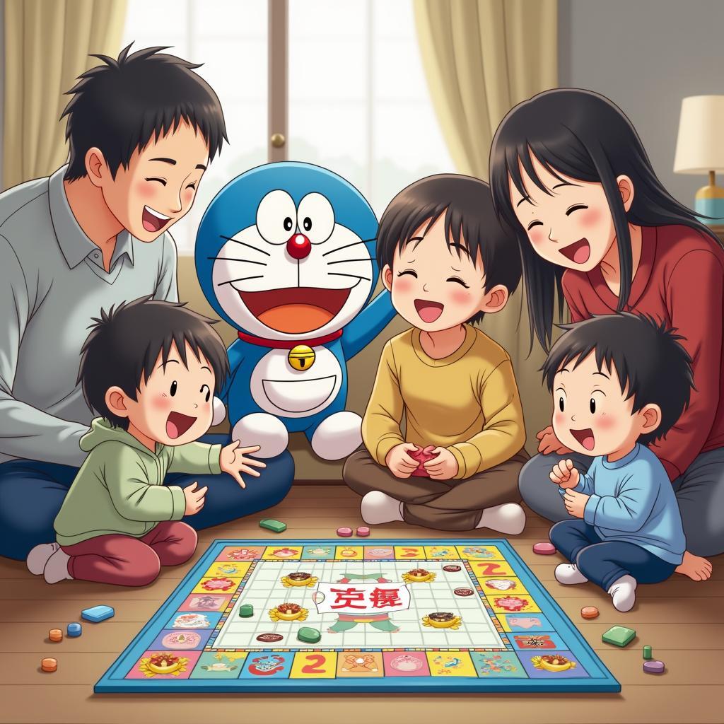 Gia đình sum vầy chơi game Doraemon