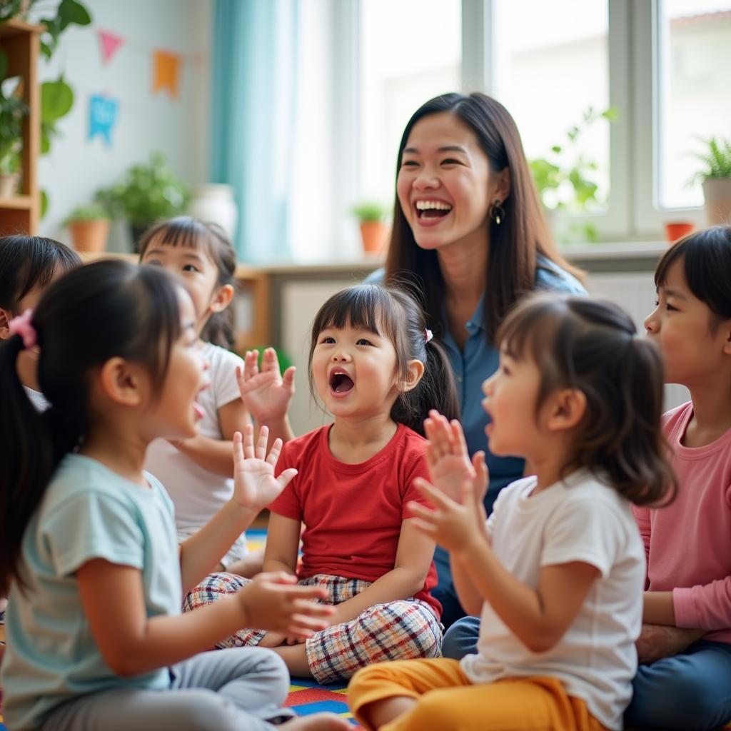 Teacher guiding children in singing "Niềm Vui Đến Trường"