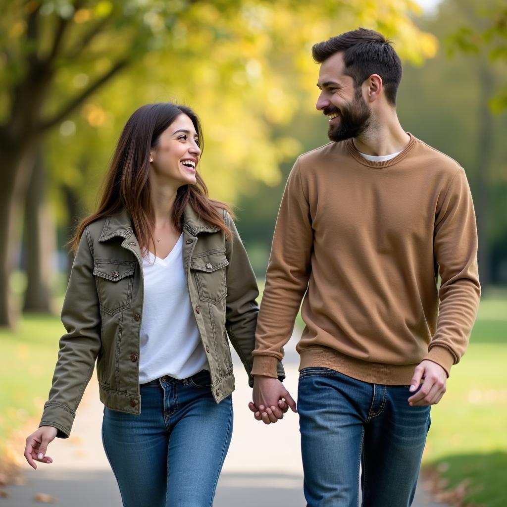 A couple holding hands while walking in the park, showcasing a romantic and loving gesture.