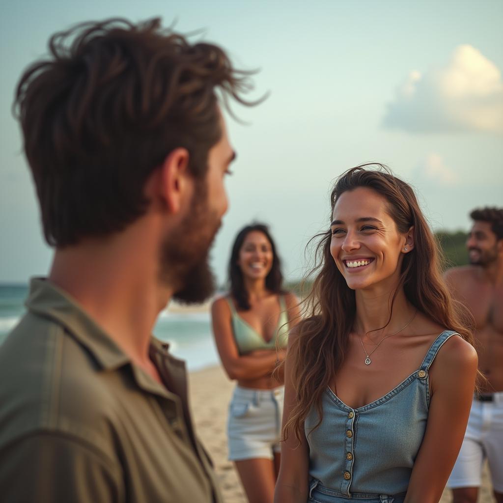 A man watching a woman laughing with her friends.