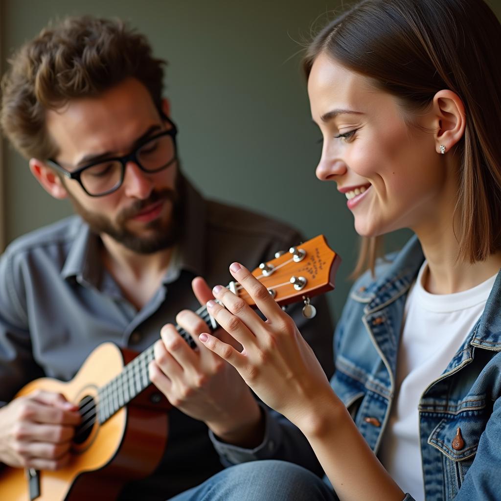 Hình ảnh một người đang dạy chơi ukulele cho một người khác