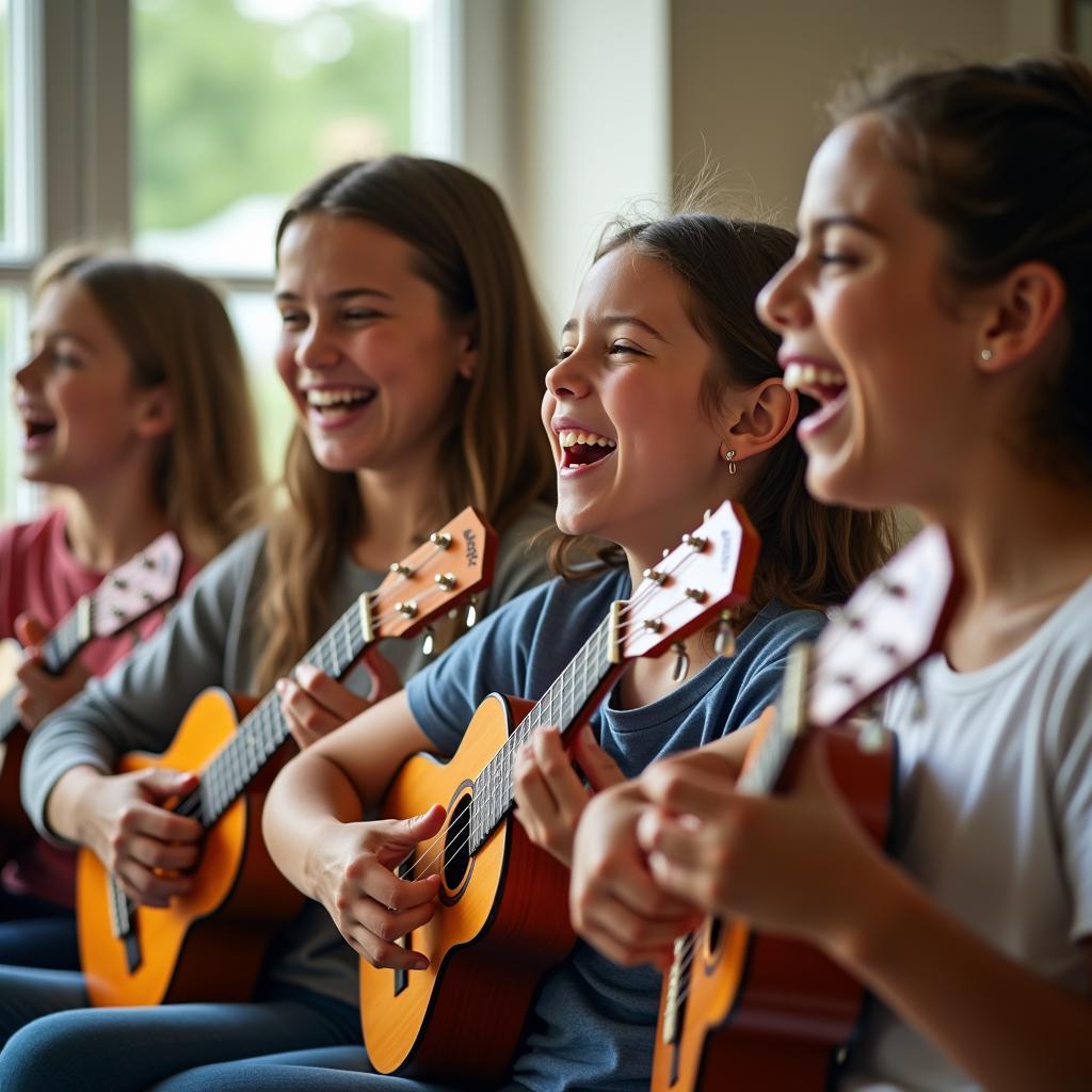 Hình ảnh một nhóm bạn trẻ chơi ukulele và hát hò vui vẻ