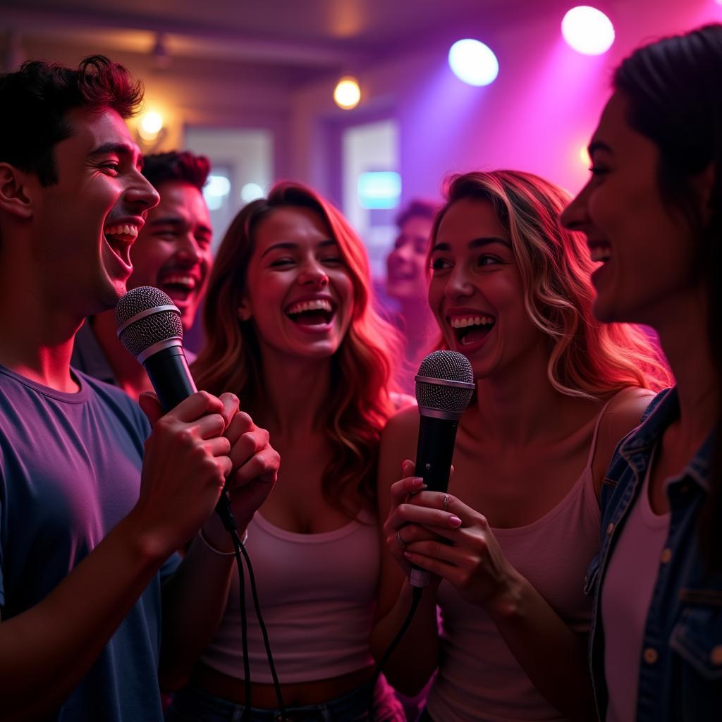 Bạn bè vui vẻ hát karaoke đôi