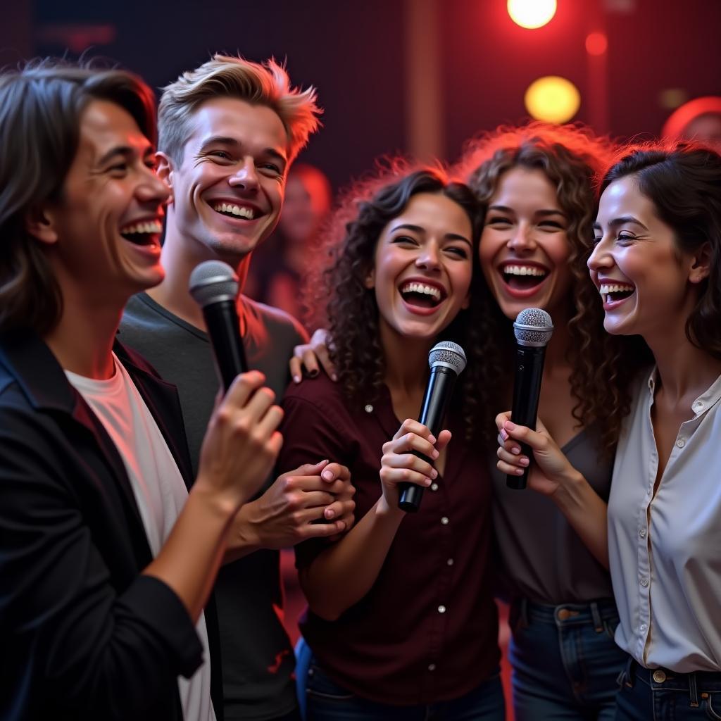 Hình ảnh nhóm bạn trẻ hát karaoke sôi động