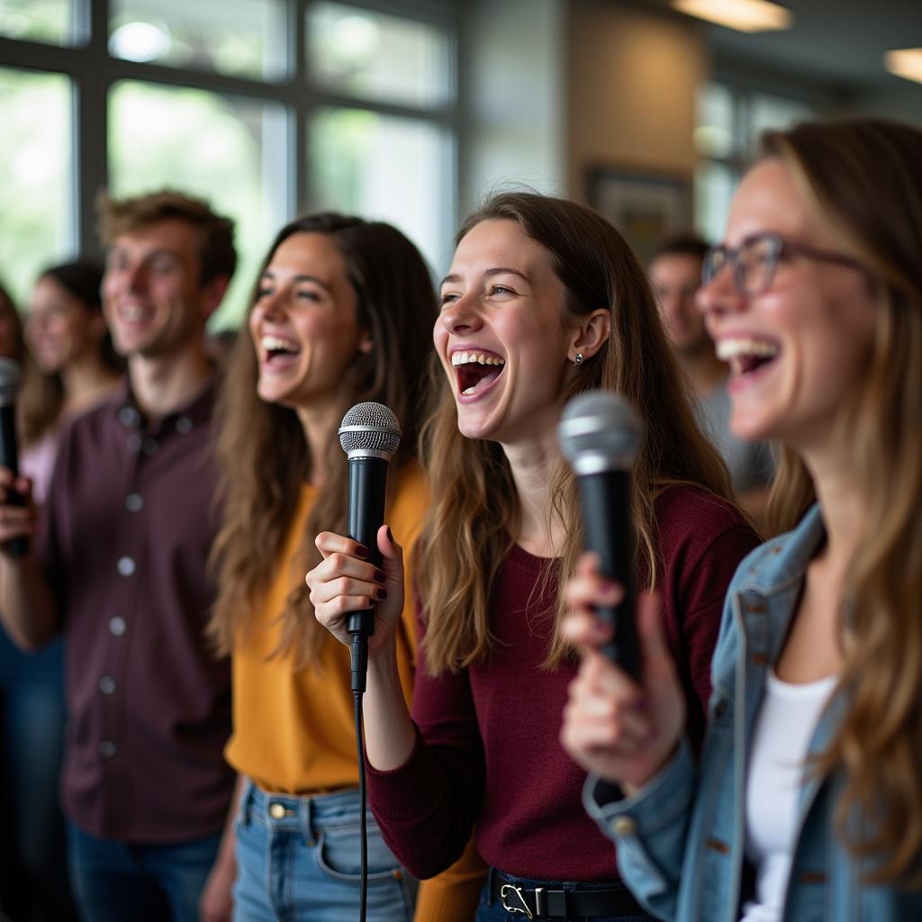 Các bạn học sinh vui vẻ hát karaoke