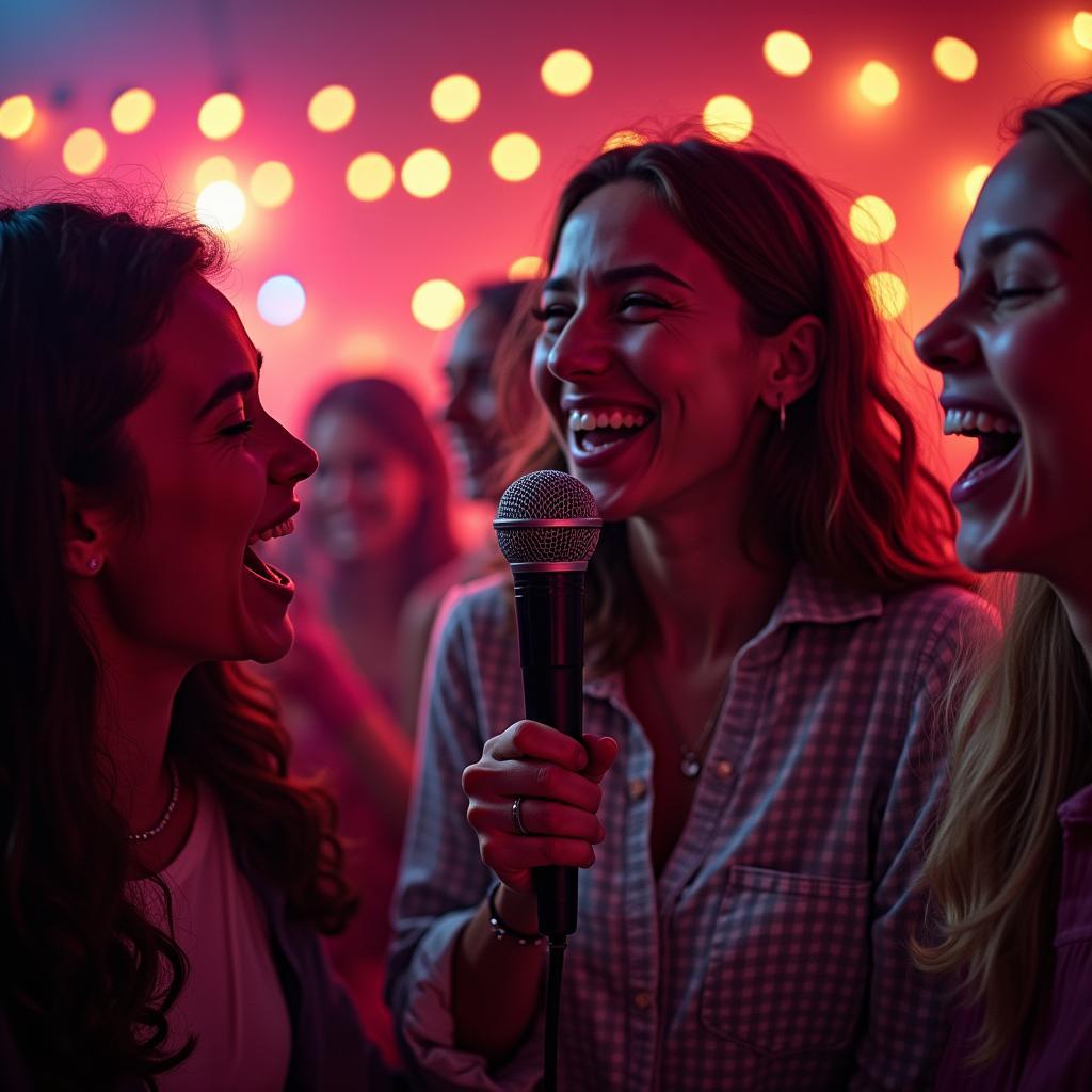 Hình ảnh một nhóm bạn trẻ đang hát karaoke vui vẻ và lành mạnh