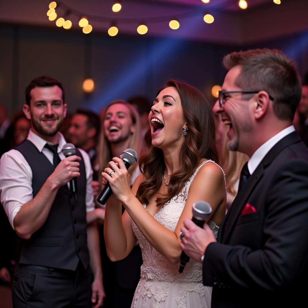 Khách mời vui vẻ hát karaoke trong tiệc cưới