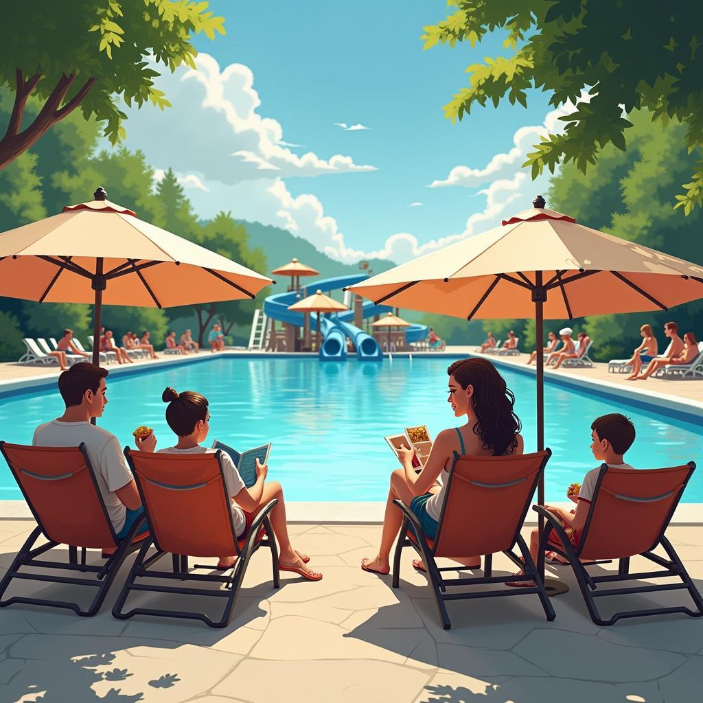 Relaxing area at a water park with families