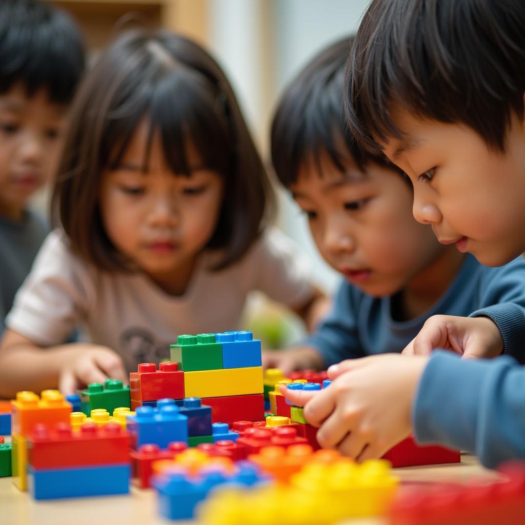 Children engrossed in building with Lego blocks at Tiniworld Indochina