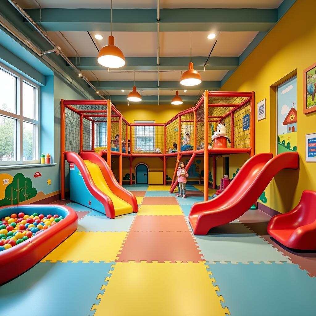 Indoor play area for kids with colorful slides and ball pits