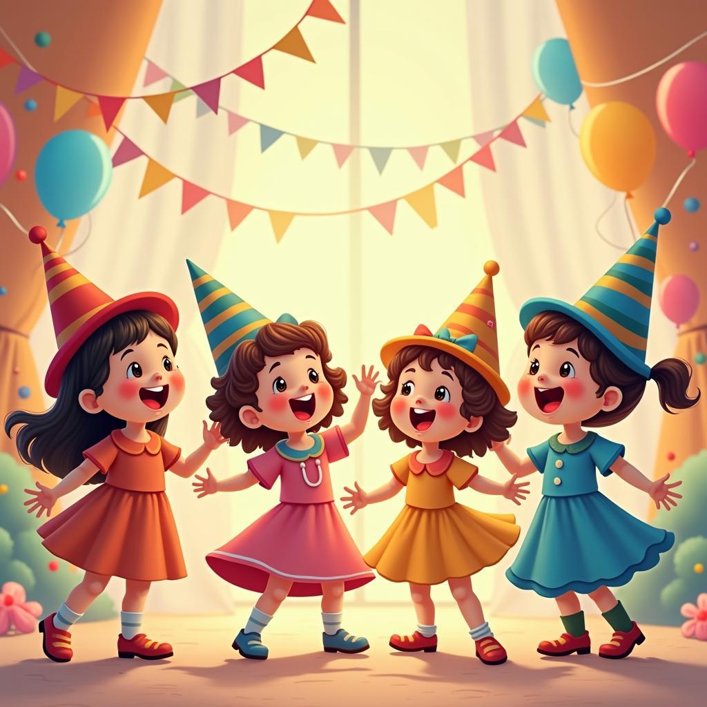 A group of children laughing and dancing to a medley of cheerful tunes