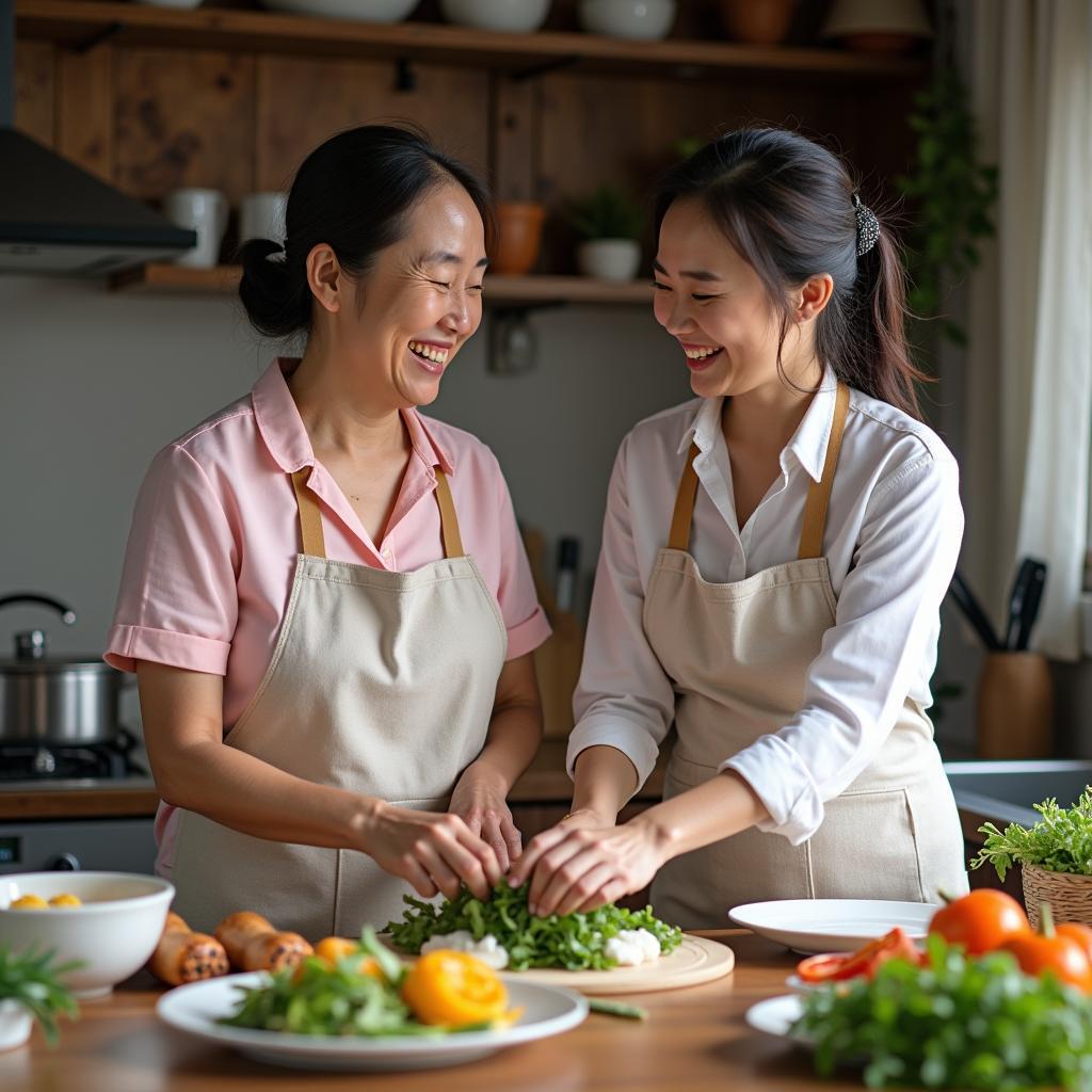 Mẹ chồng và nàng dâu cùng nhau nấu ăn