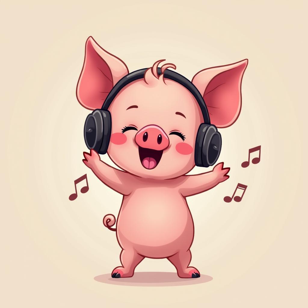 A cute pig wearing headphones and dancing to upbeat music