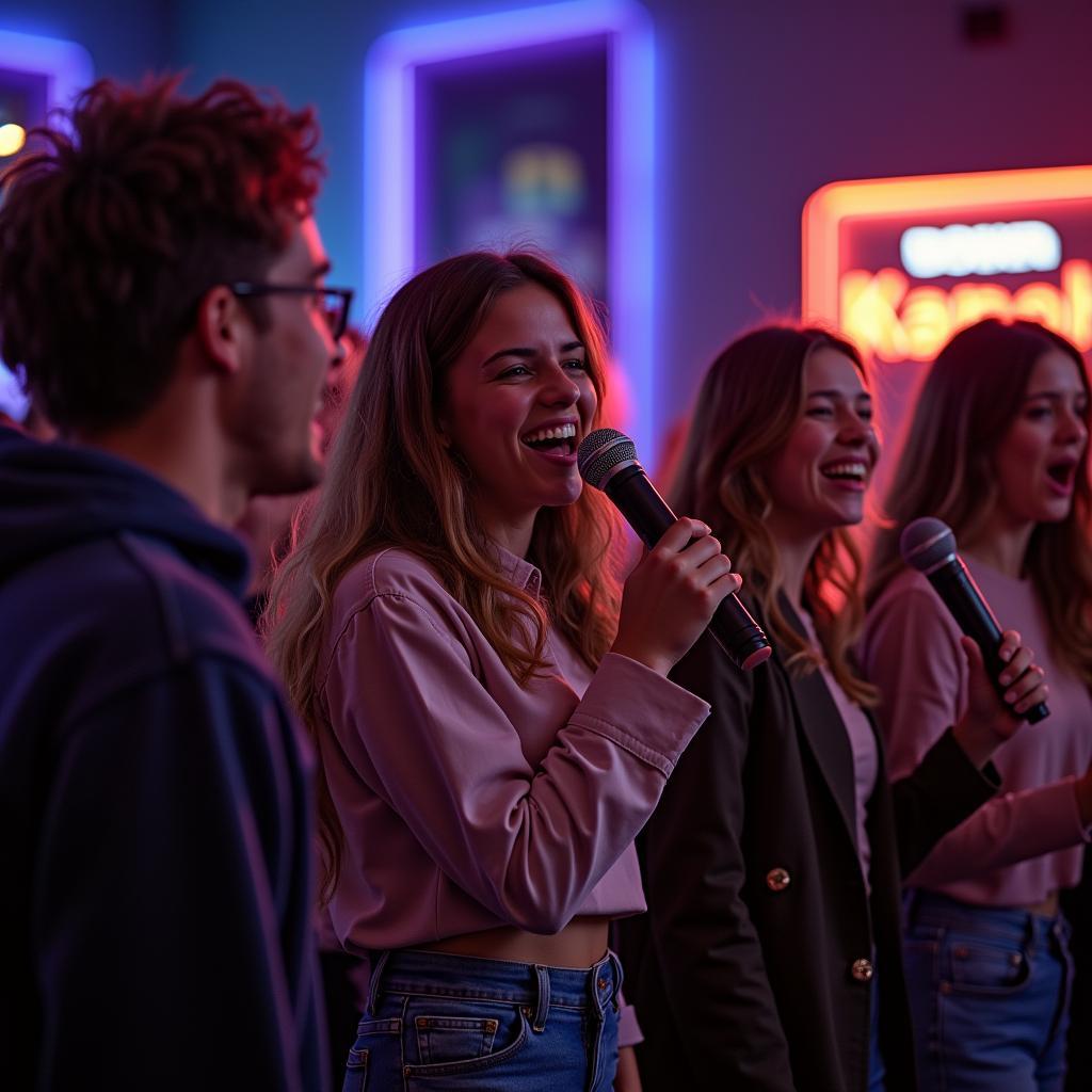 A group of friends singing karaoke together