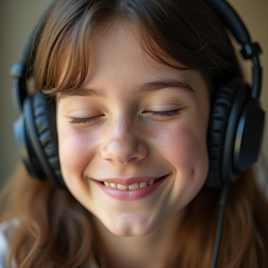 A person listening to music with headphones, smiling and relaxed