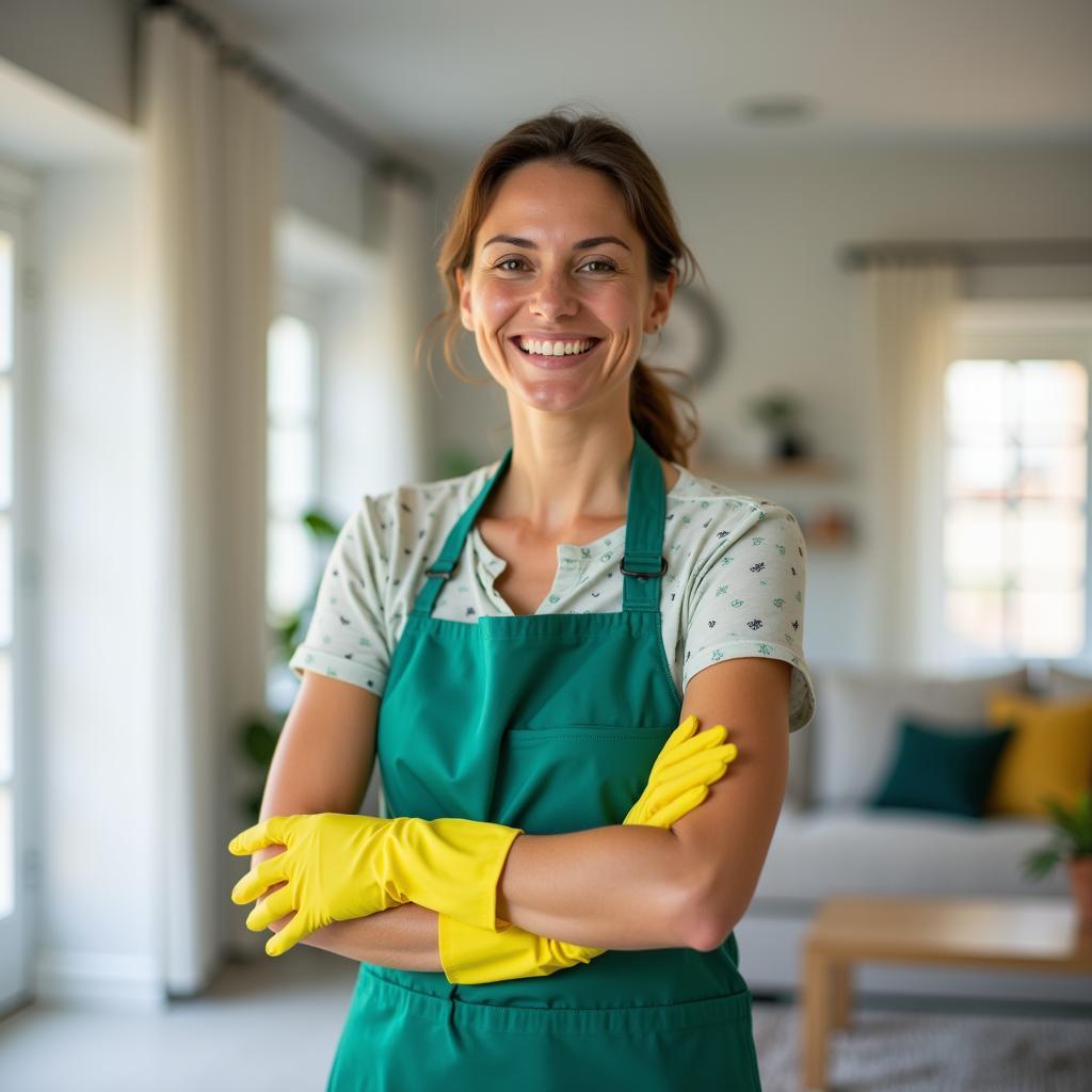 Cheerful Housekeeper in a Tidy Home