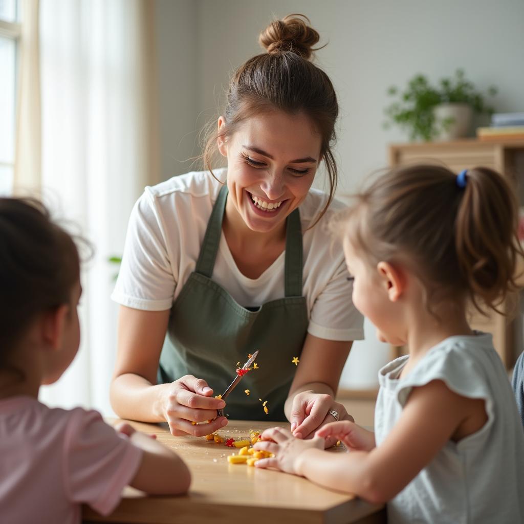 Happy Housekeeper Playing with Kids