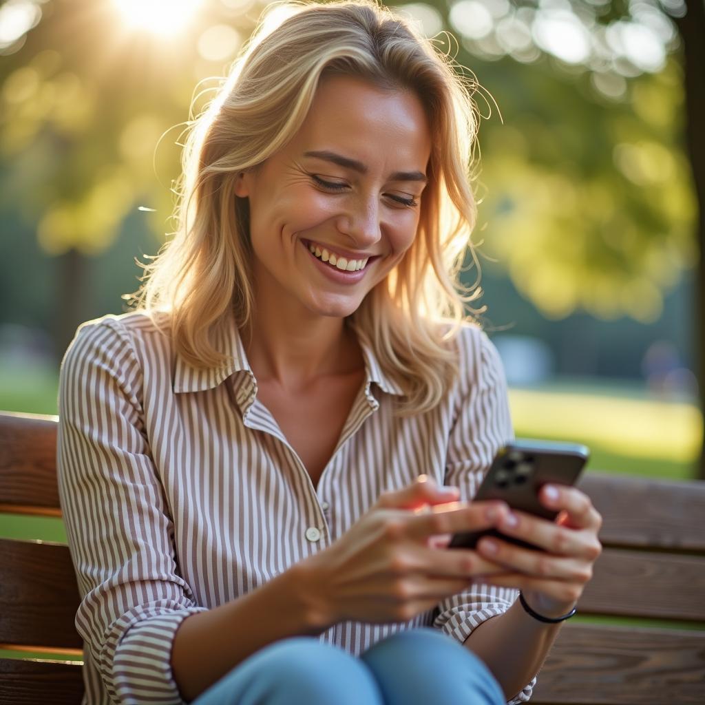 Woman laughing and playing a game on her phone during her lunch break