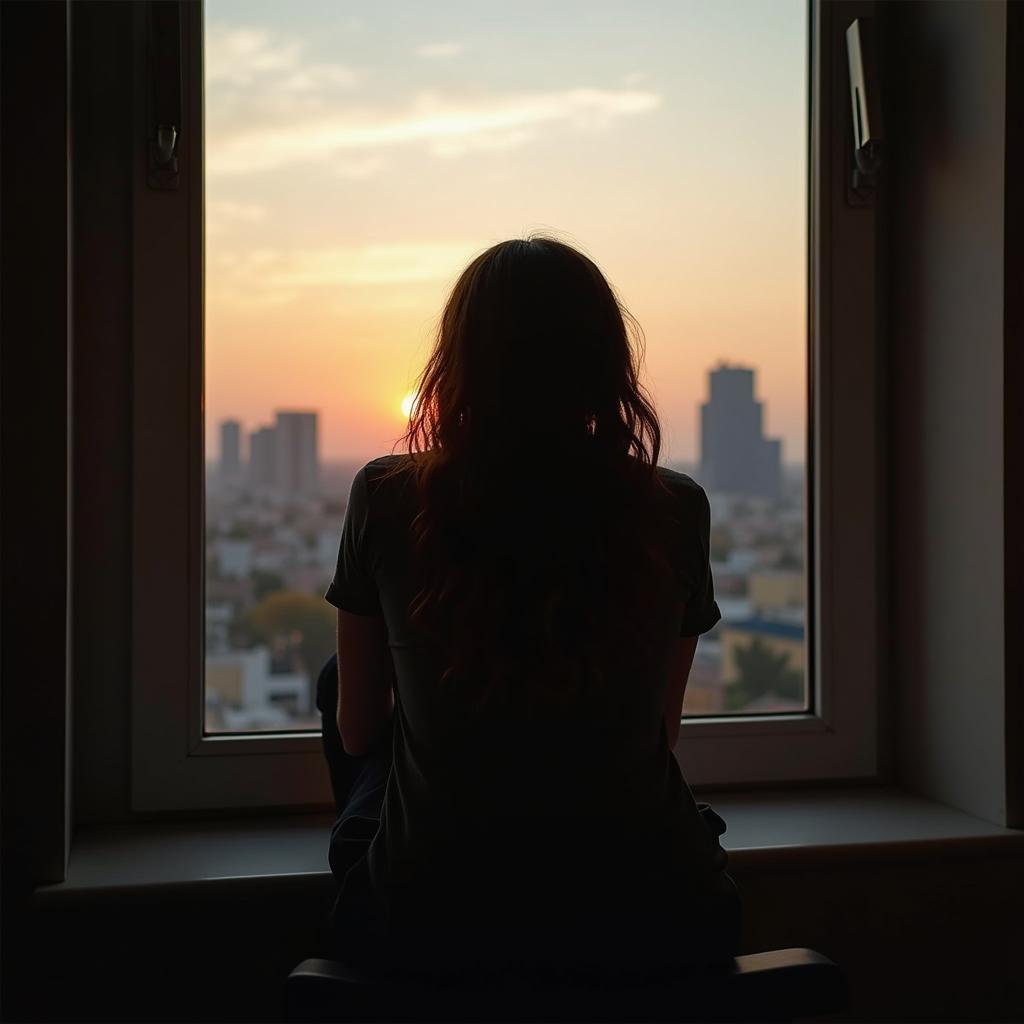 A woman lost in thought by the window