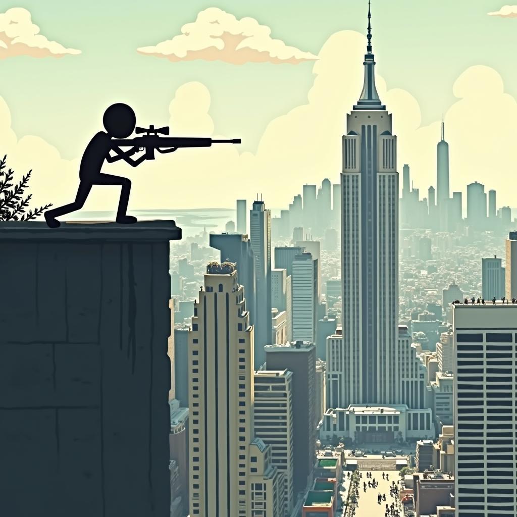 Stickman sniper aiming at enemies in a city