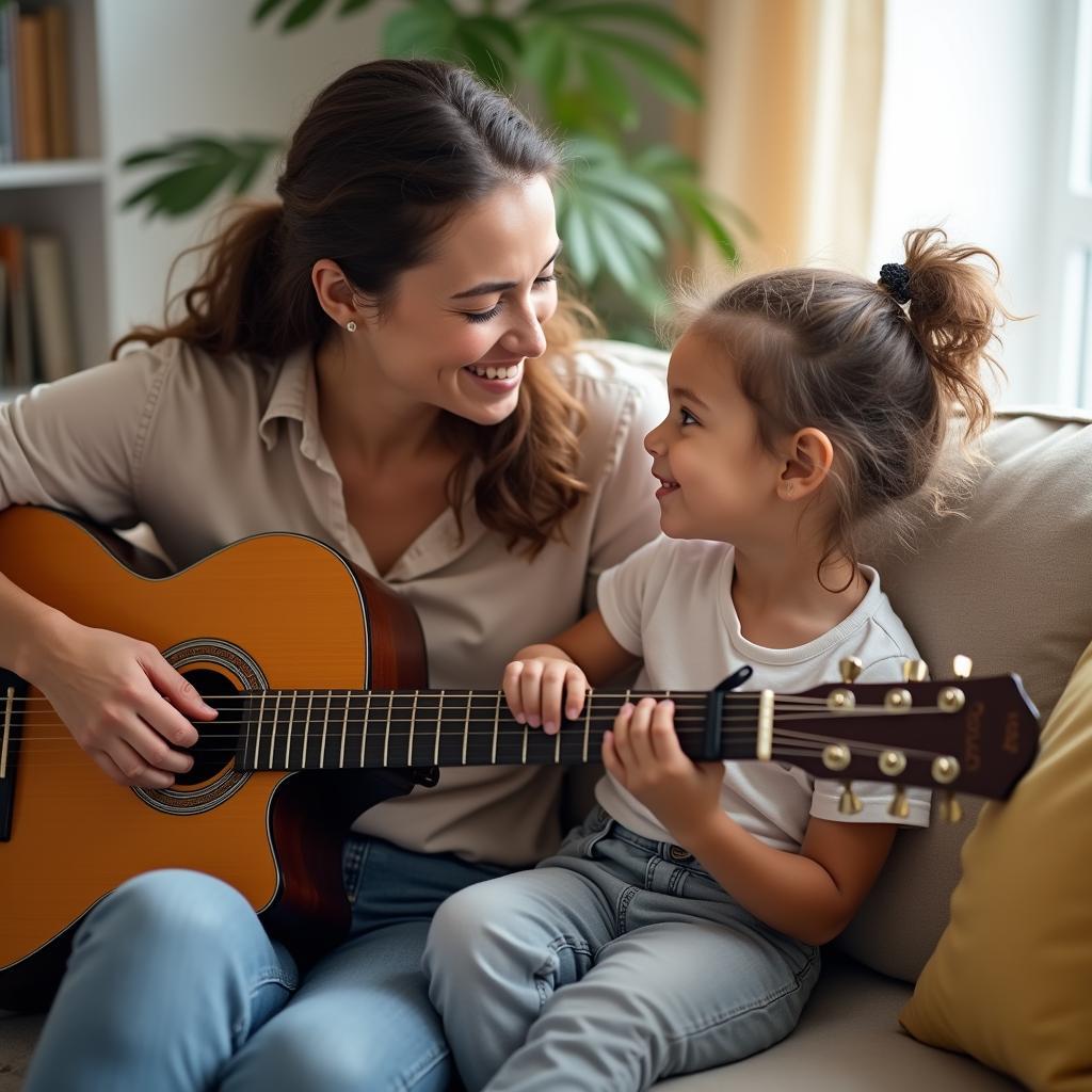 Hai mẹ con cùng nhau chơi đàn guitar