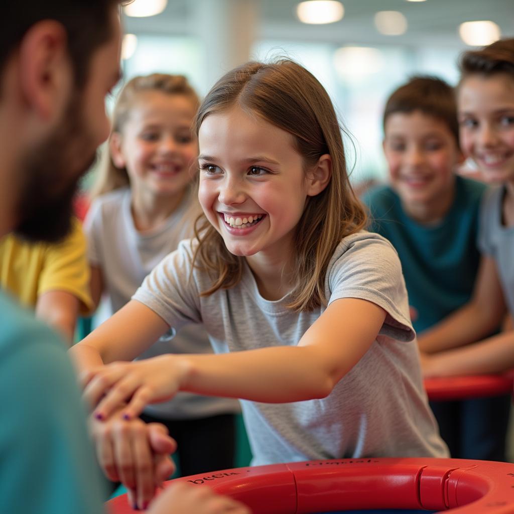 Indoor playground staff interacting with children