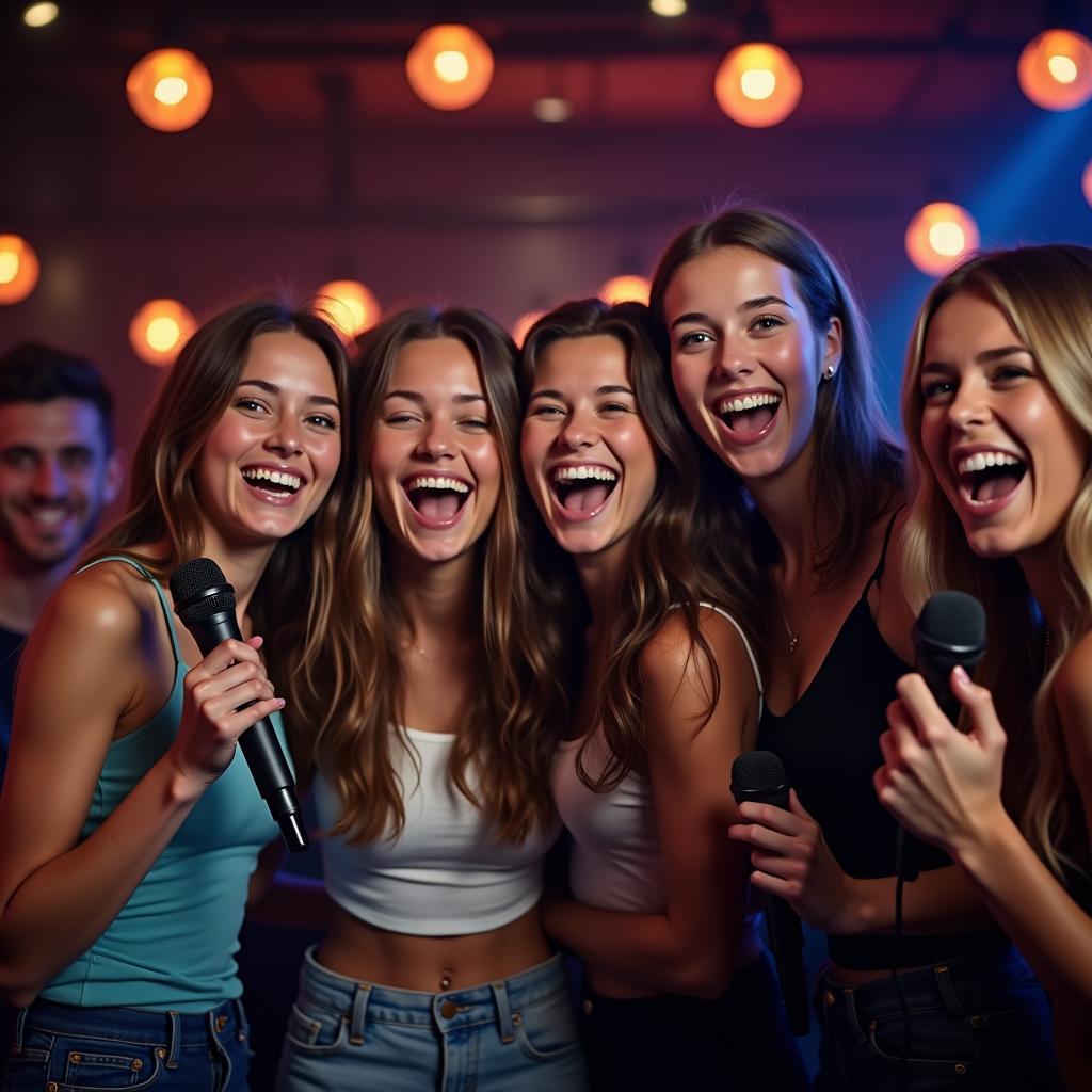 Nhóm bạn trẻ đang hát karaoke vui vẻ